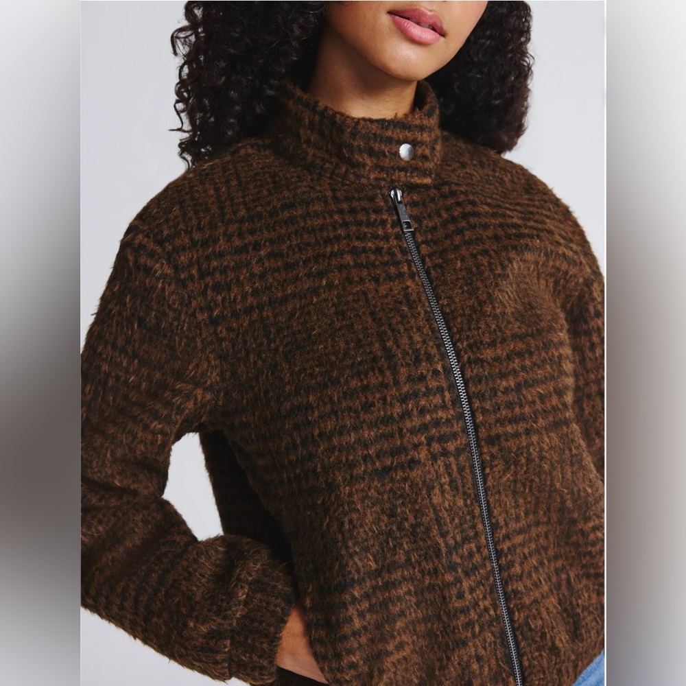 Time and Tru Faux Wool Bomber Jacket M Medium NWT Brown Houndstooth Plaid Zip Up - Picture 3 of 6